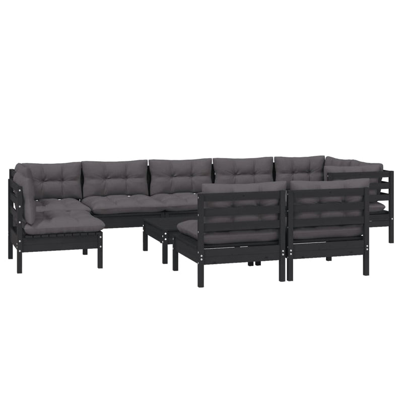 10 Piece Garden Lounge Set with Cushions Black Solid Pinewood Payday Deals
