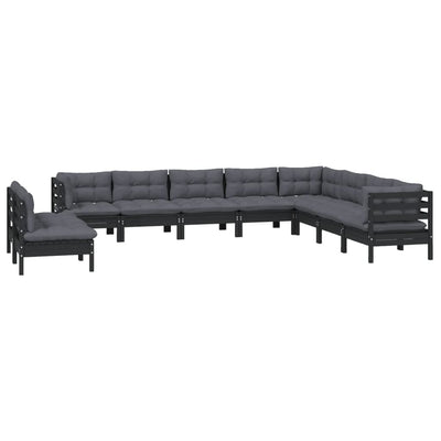 10 Piece Garden Lounge Set with Cushions Black Solid Pinewood Payday Deals
