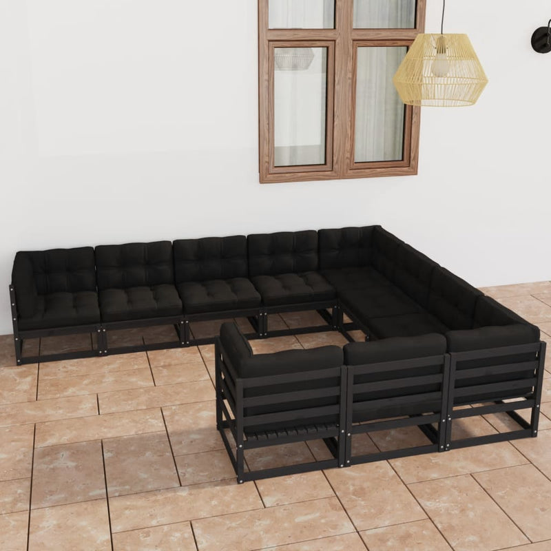 10 Piece Garden Lounge Set with Cushions Black Solid Pinewood Payday Deals
