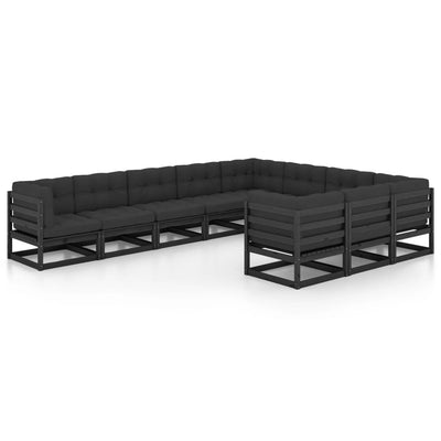 10 Piece Garden Lounge Set with Cushions Black Solid Pinewood Payday Deals
