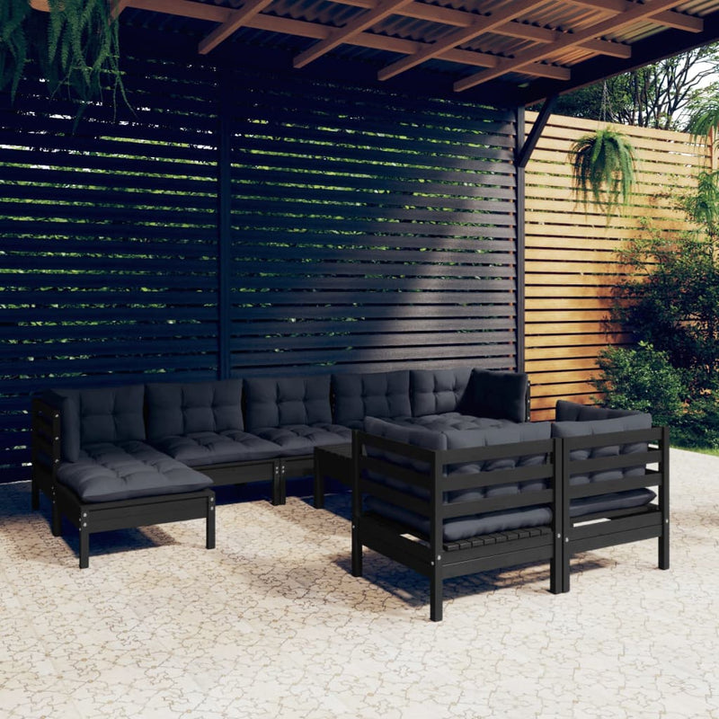 10 Piece Garden Lounge Set with Cushions Black Solid Pinewood Payday Deals