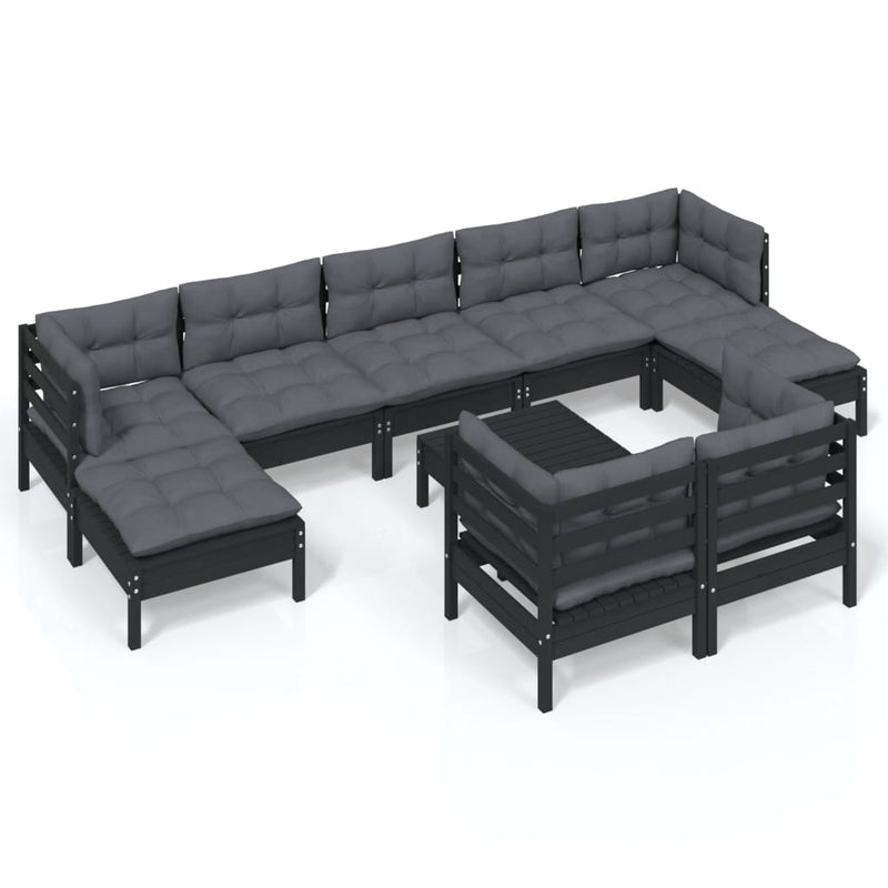10 Piece Garden Lounge Set with Cushions Black Solid Pinewood Payday Deals