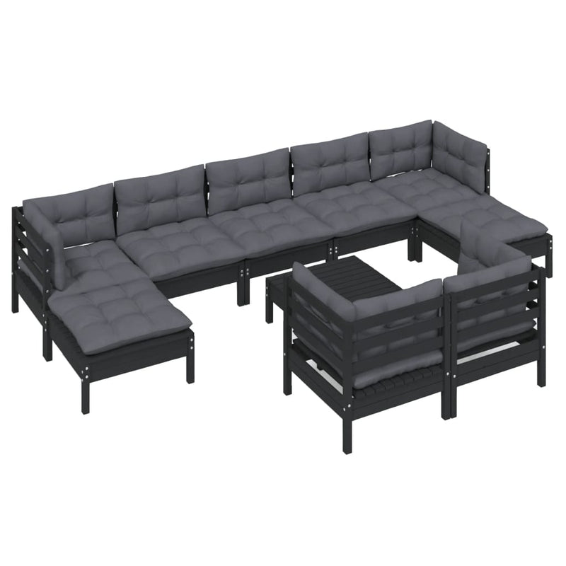10 Piece Garden Lounge Set with Cushions Black Solid Pinewood Payday Deals