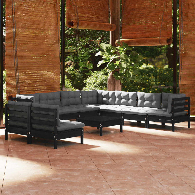 10 Piece Garden Lounge Set with Cushions Black Solid Pinewood Payday Deals
