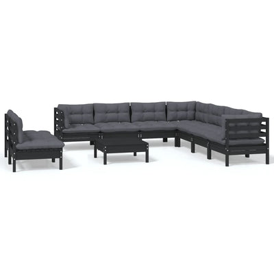 10 Piece Garden Lounge Set with Cushions Black Solid Pinewood Payday Deals