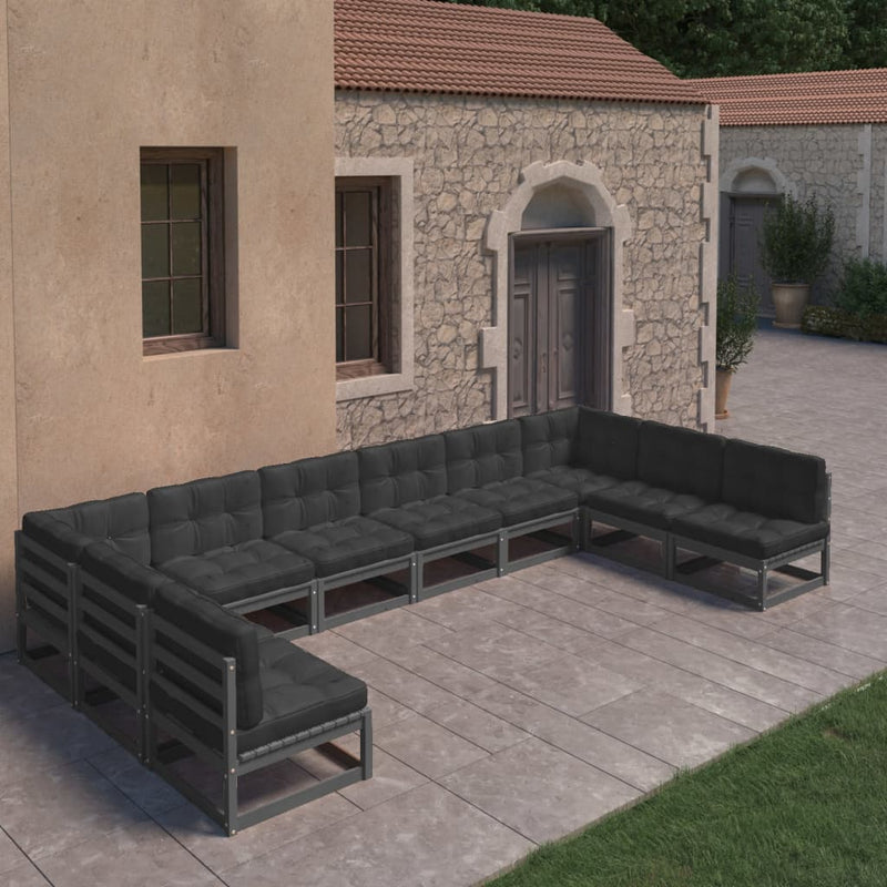 10 Piece Garden Lounge Set with Cushions Black Solid Pinewood Payday Deals