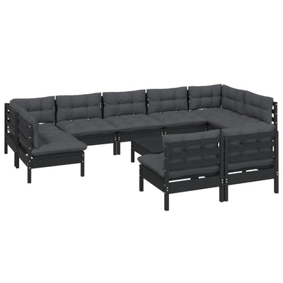10 Piece Garden Lounge Set with Cushions Black Solid Pinewood Payday Deals