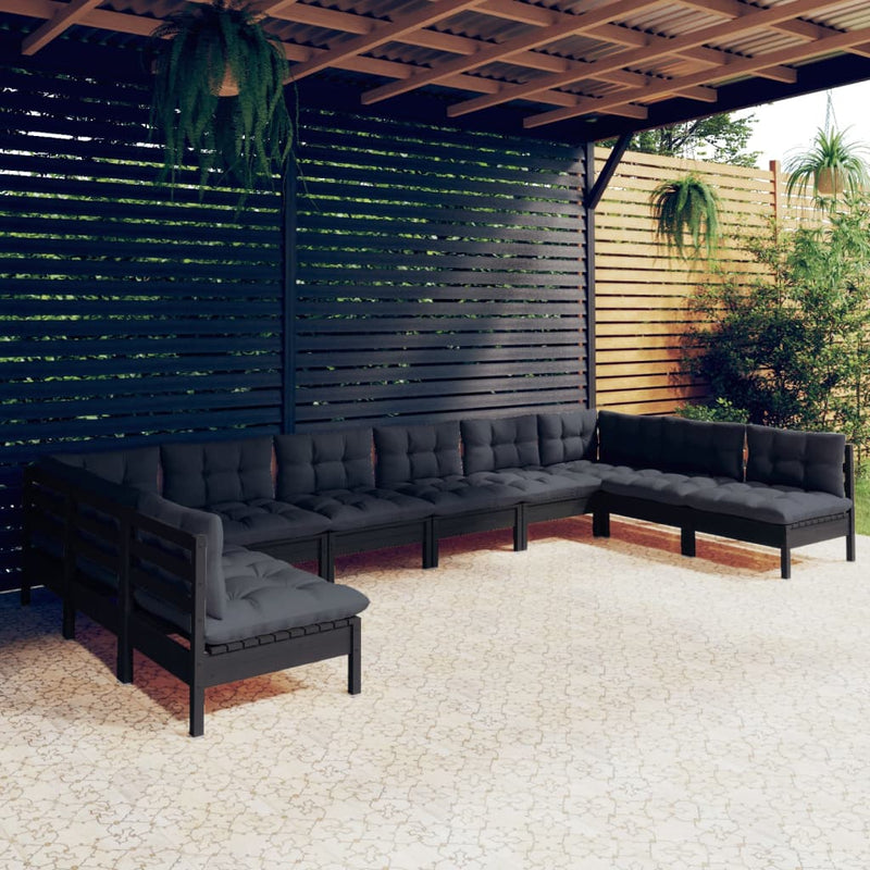 10 Piece Garden Lounge Set with Cushions Black Solid Pinewood Payday Deals