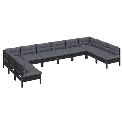 10 Piece Garden Lounge Set with Cushions Black Solid Pinewood Payday Deals