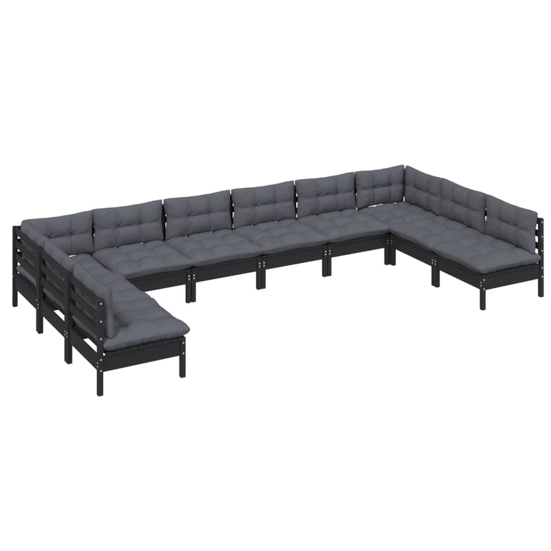 10 Piece Garden Lounge Set with Cushions Black Solid Pinewood Payday Deals