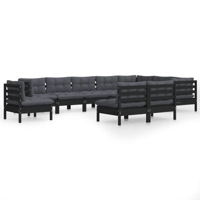 10 Piece Garden Lounge Set with Cushions Black Solid Pinewood Payday Deals