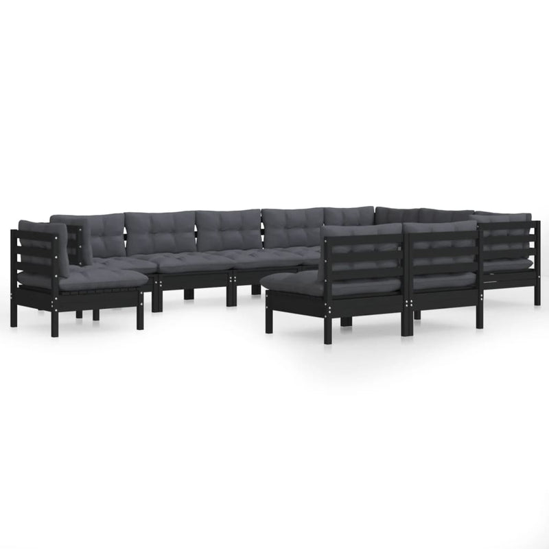 10 Piece Garden Lounge Set with Cushions Black Solid Pinewood Payday Deals
