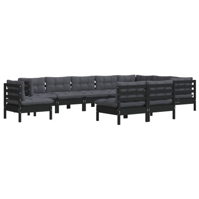 10 Piece Garden Lounge Set with Cushions Black Solid Pinewood Payday Deals