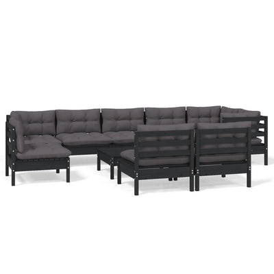 10 Piece Garden Lounge Set with Cushions Black Solid Pinewood Payday Deals