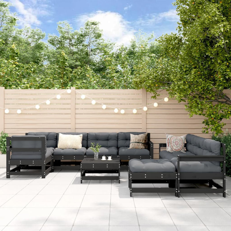 10 Piece Garden Lounge Set with Cushions Black Solid Wood Payday Deals