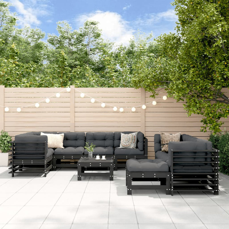 10 Piece Garden Lounge Set with Cushions Black Solid Wood Payday Deals