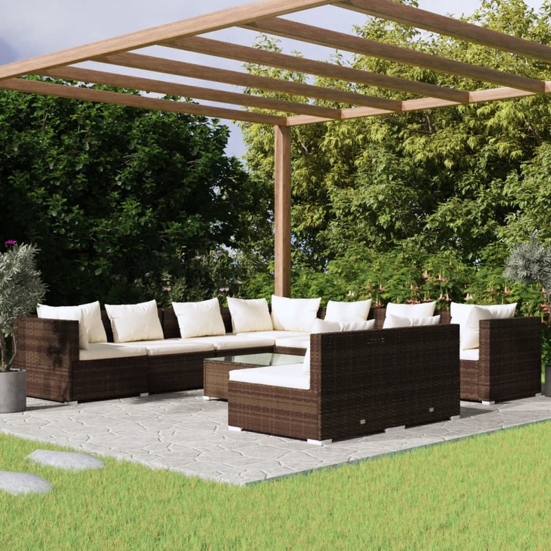 10 Piece Garden Lounge Set with Cushions Brown Poly Rattan Payday Deals