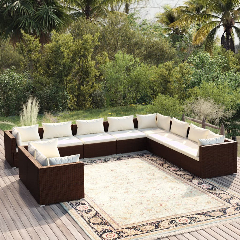 10 Piece Garden Lounge Set with Cushions Brown Poly Rattan Payday Deals