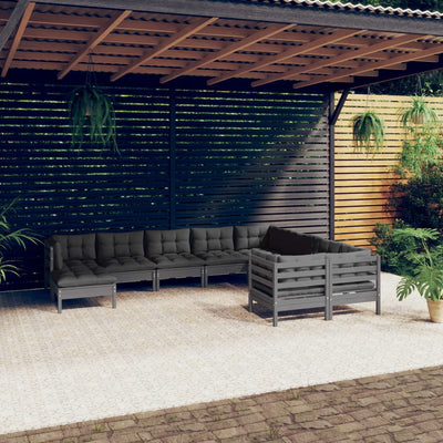 10 Piece Garden Lounge Set with Cushions Grey Pinewood