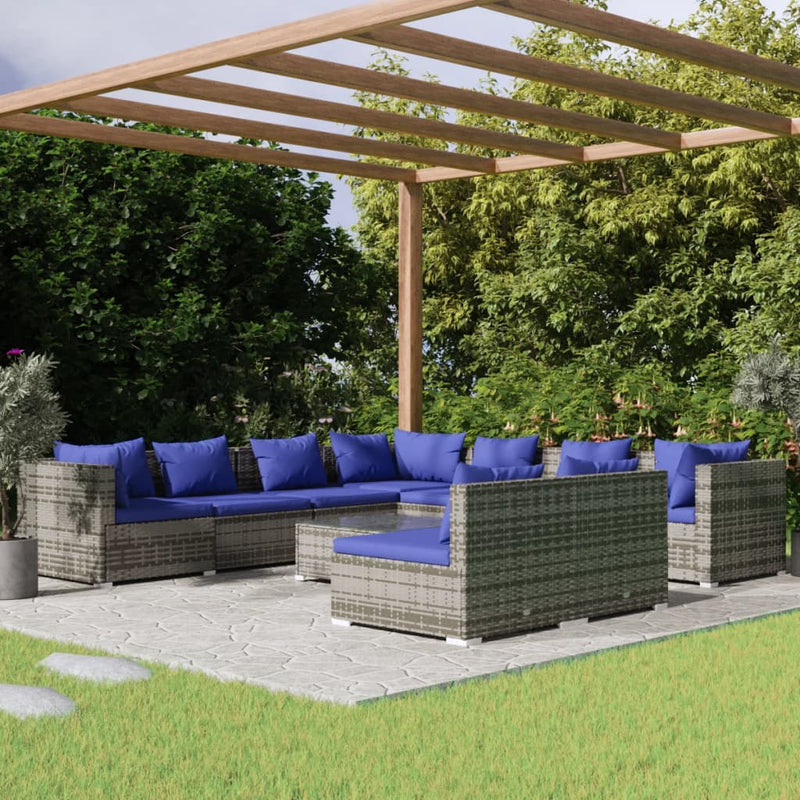 10 Piece Garden Lounge Set with Cushions Grey Poly Rattan Payday Deals