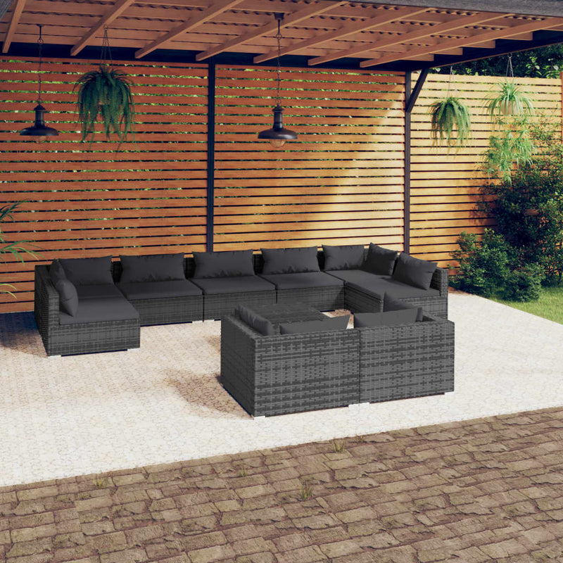 10 Piece Garden Lounge Set with Cushions Grey Poly Rattan Payday Deals