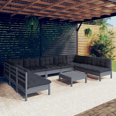 10 Piece Garden Lounge Set with Cushions Grey Solid Pinewood