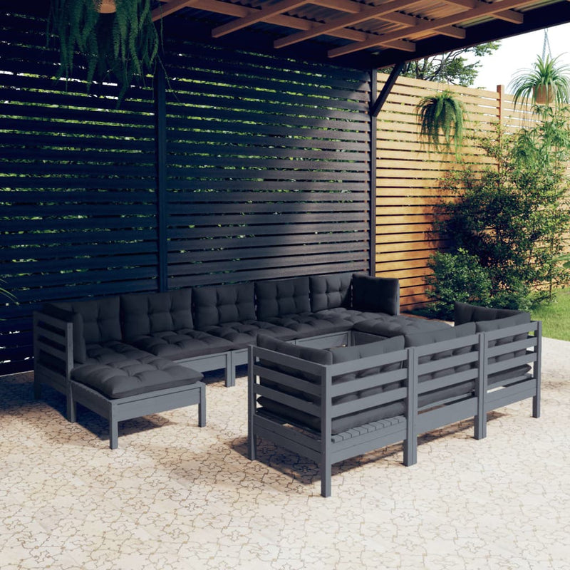 10 Piece Garden Lounge Set with Cushions Grey Solid Pinewood Payday Deals