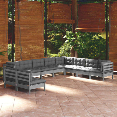 10 Piece Garden Lounge Set with Cushions Grey Solid Pinewood