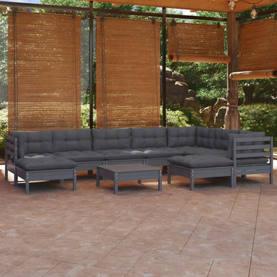 10 Piece Garden Lounge Set with Cushions Grey Solid Pinewood