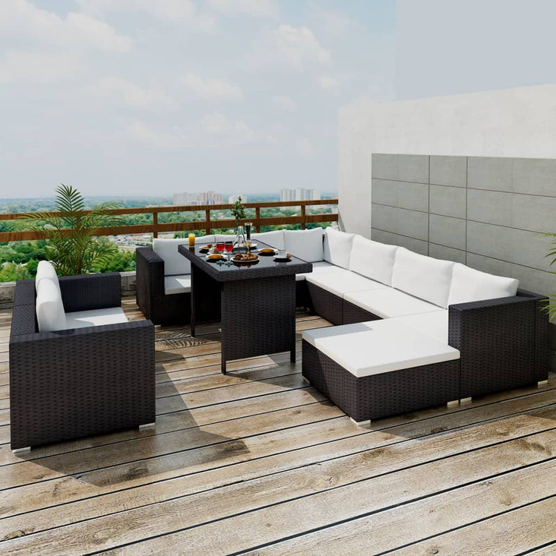 10 Piece Garden Lounge Set with Cushions Poly Rattan Black Payday Deals