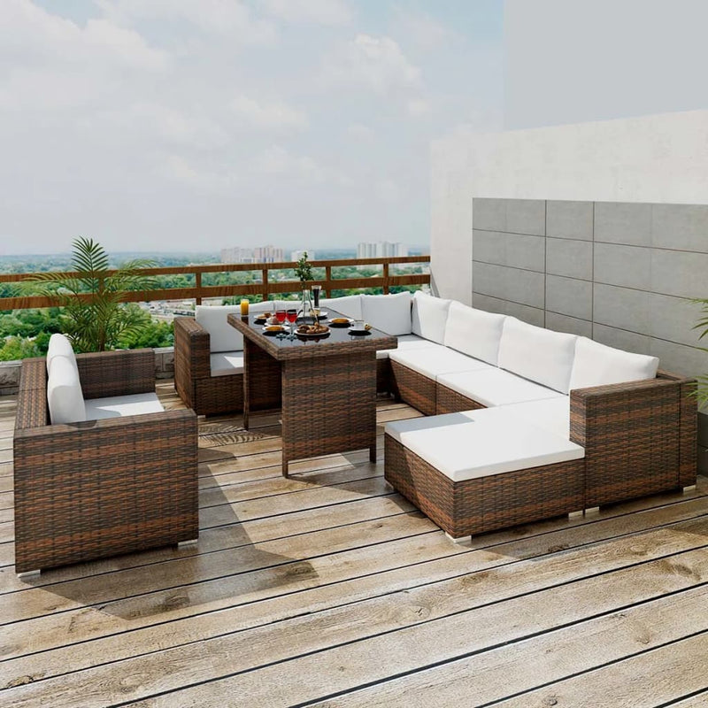 10 Piece Garden Lounge Set with Cushions Poly Rattan Brown Payday Deals