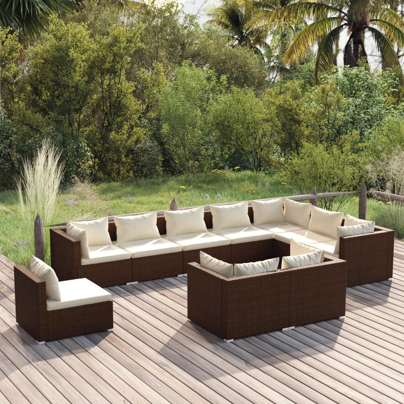 10 Piece Garden Lounge Set with Cushions Poly Rattan Brown Payday Deals