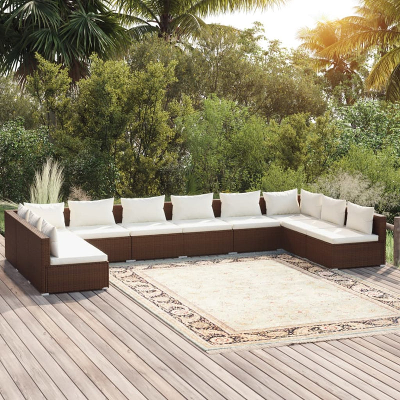 10 Piece Garden Lounge Set with Cushions Poly Rattan Brown Payday Deals