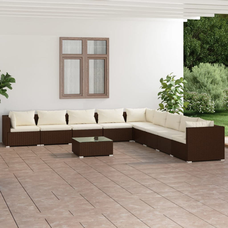 10 Piece Garden Lounge Set with Cushions Poly Rattan Brown Payday Deals