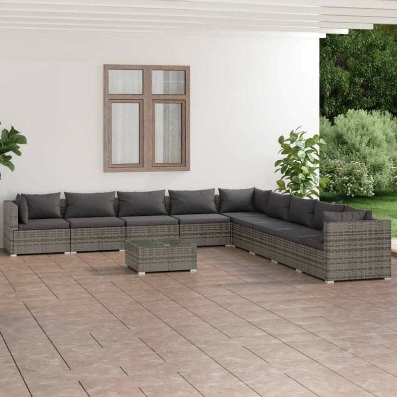 10 Piece Garden Lounge Set with Cushions Poly Rattan Grey Payday Deals