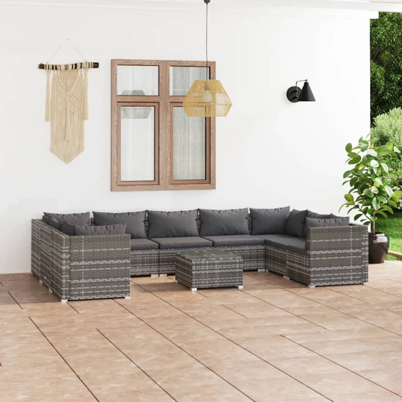 10 Piece Garden Lounge Set with Cushions Poly Rattan Grey Payday Deals