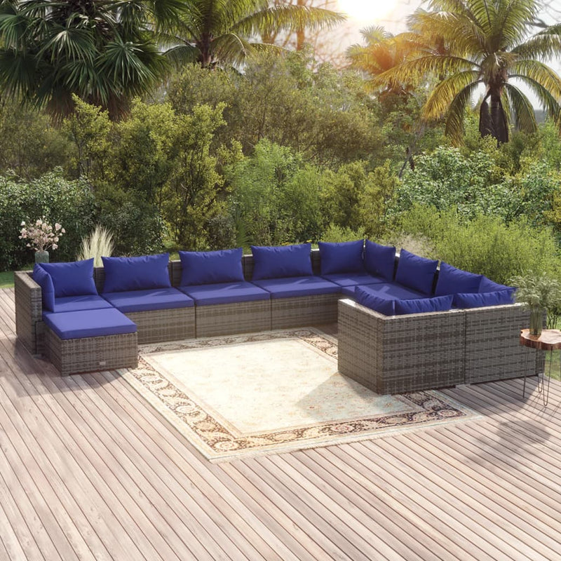 10 Piece Garden Lounge Set with Cushions Poly Rattan Grey Payday Deals