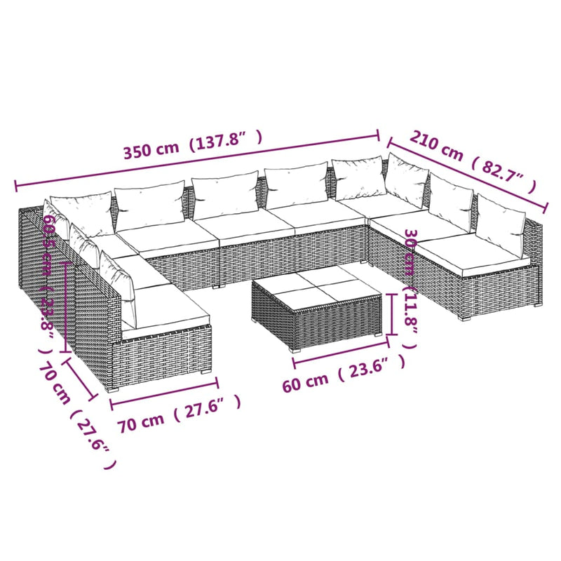 10 Piece Garden Lounge Set with Cushions Poly Rattan Grey Payday Deals