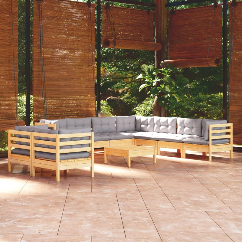 10 Piece Garden Lounge Set with Grey Cushions Solid Pinewood Payday Deals