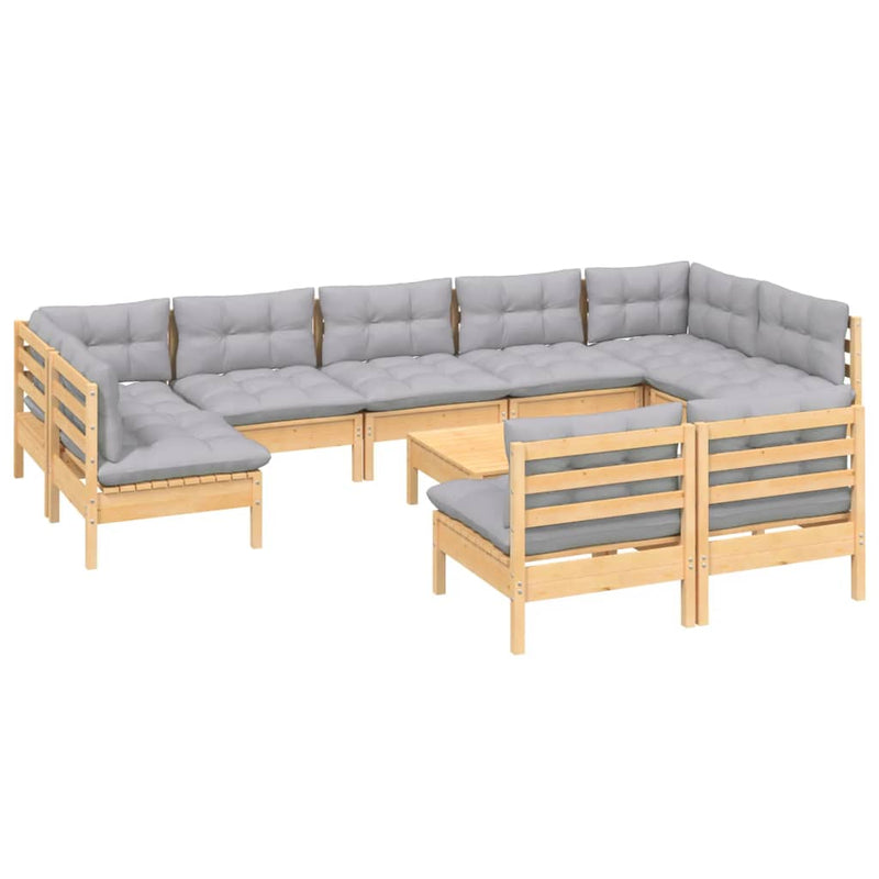 10 Piece Garden Lounge Set with Grey Cushions Solid Pinewood Payday Deals