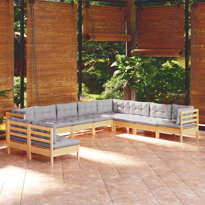 10 Piece Garden Lounge Set with Grey Cushions Solid Pinewood Payday Deals