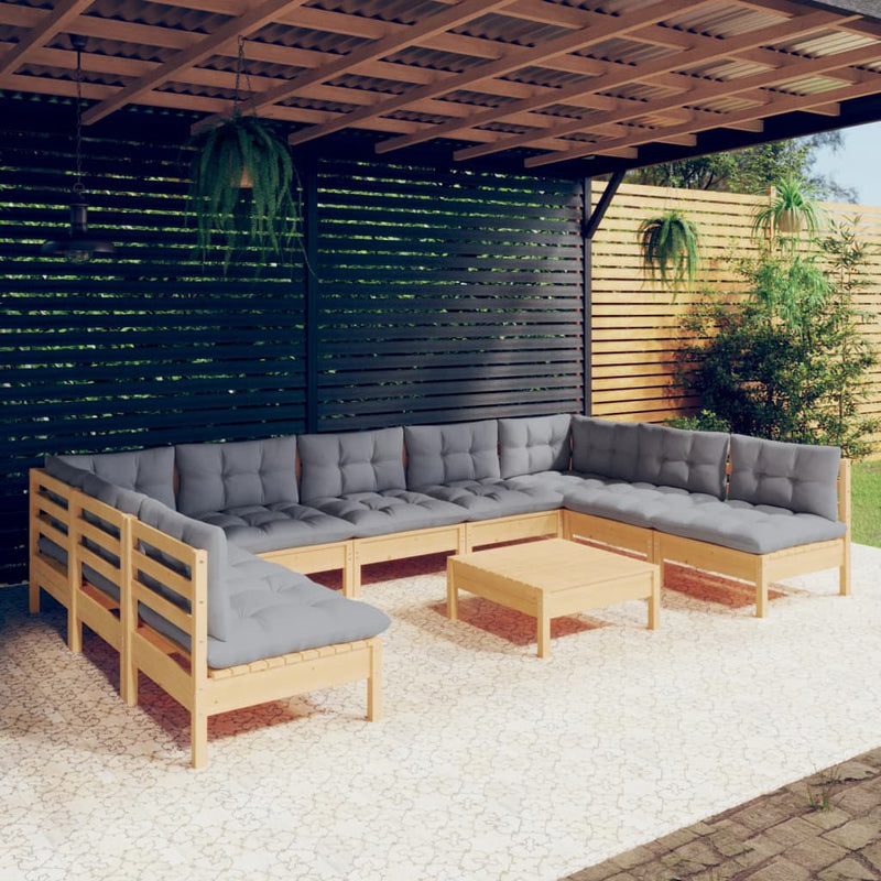 10 Piece Garden Lounge Set with Grey Cushions Solid Pinewood Payday Deals