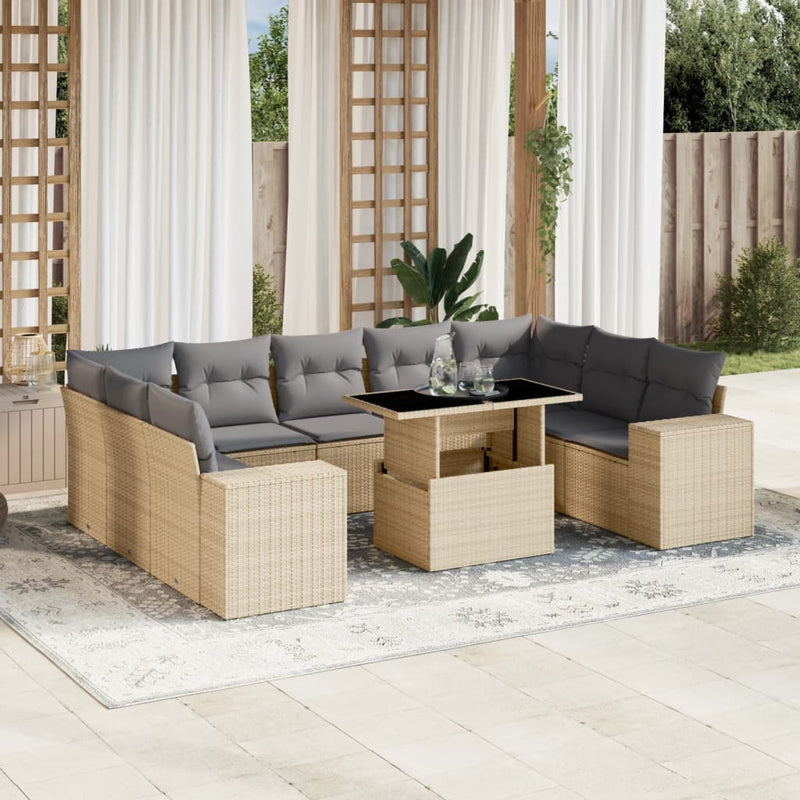 10 Piece Garden Sofa Set with Cushions Beige Poly Rattan Payday Deals