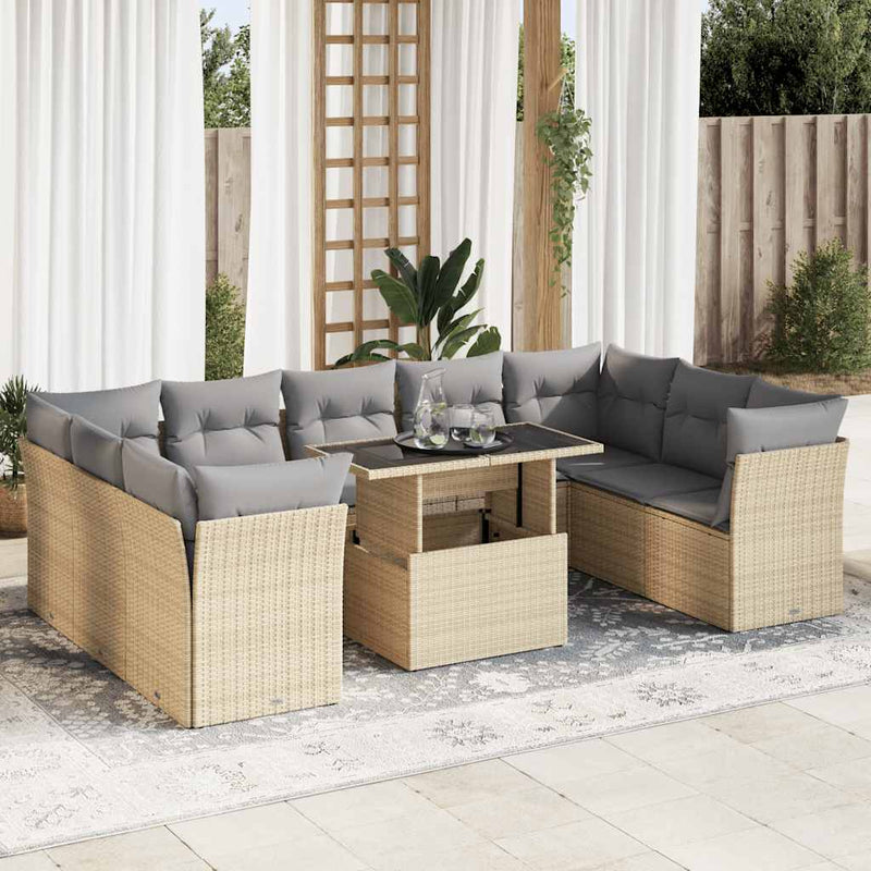 10 Piece Garden Sofa Set with Cushions Beige Poly Rattan Payday Deals