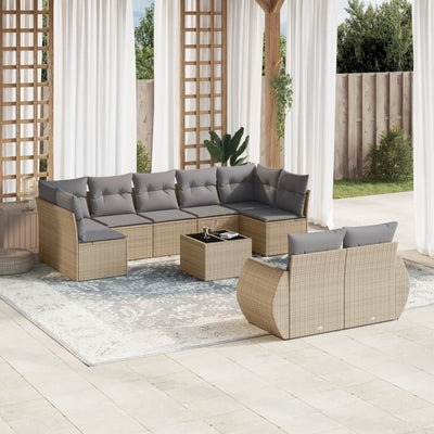 10 Piece Garden Sofa Set with Cushions Beige Poly Rattan