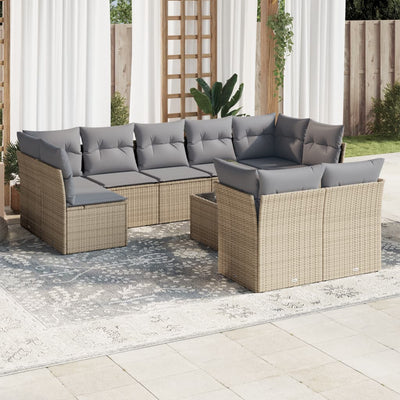 10 Piece Garden Sofa Set with Cushions Beige Poly Rattan