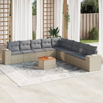 10 Piece Garden Sofa Set with Cushions Beige Poly Rattan