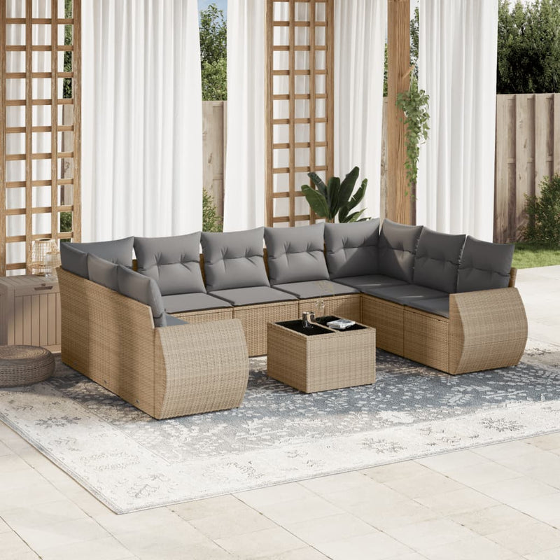 10 Piece Garden Sofa Set with Cushions Beige Poly Rattan Payday Deals