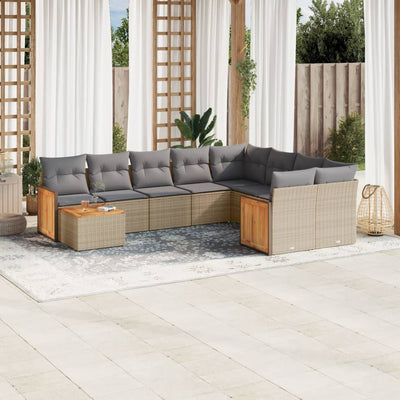 10 Piece Garden Sofa Set with Cushions Beige Poly Rattan