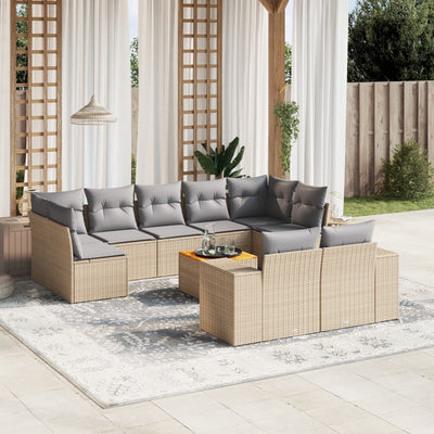 10 Piece Garden Sofa Set with Cushions Beige Poly Rattan